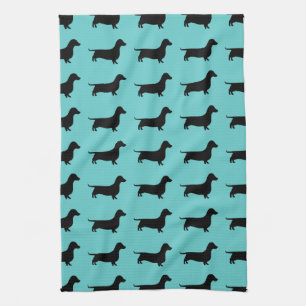 Dachshund Silhouette on Aqua Background Tea Towel