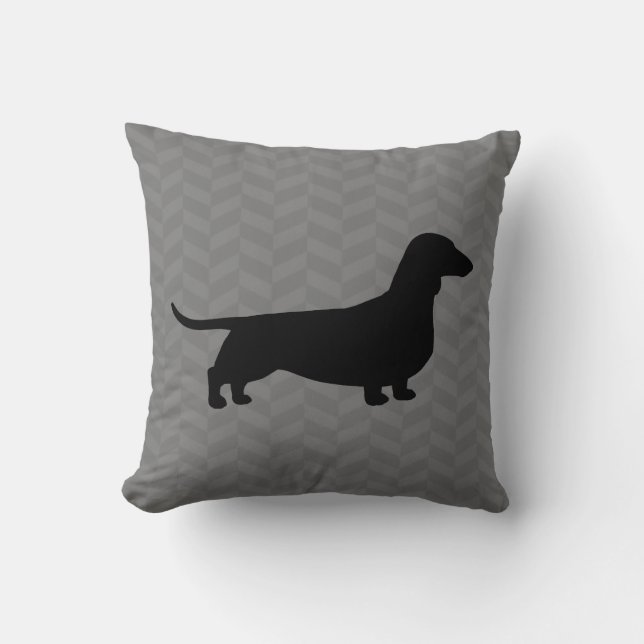Dachshund Silhouette on Grey Herringbone Pattern Cushion (Front)