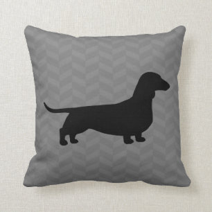 Dachshund Silhouette on Grey Herringbone Pattern Cushion