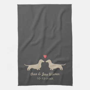 Dachshund Silhouettes with Heart Custom Wedding Tea Towel