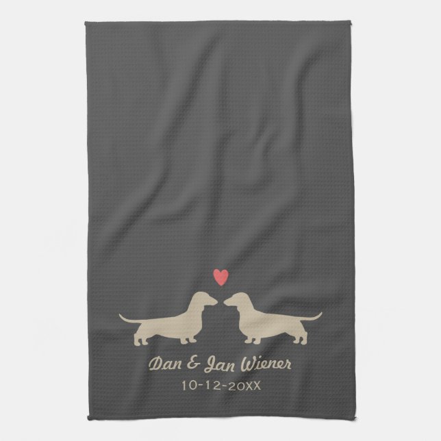 Dachshund Silhouettes with Heart Custom Wedding Tea Towel (Vertical)