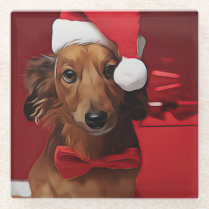 Dachshund Sitting In Front Of A Christmas Gift Pos Glass Coaster