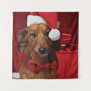 Dachshund Sitting In Front Of A Christmas Gift Pos Tapestry