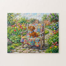 Dachshund Sitting on Patchwork Garden Chair Among