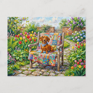 Dachshund Sitting on Patchwork Garden Chair Among  Postcard