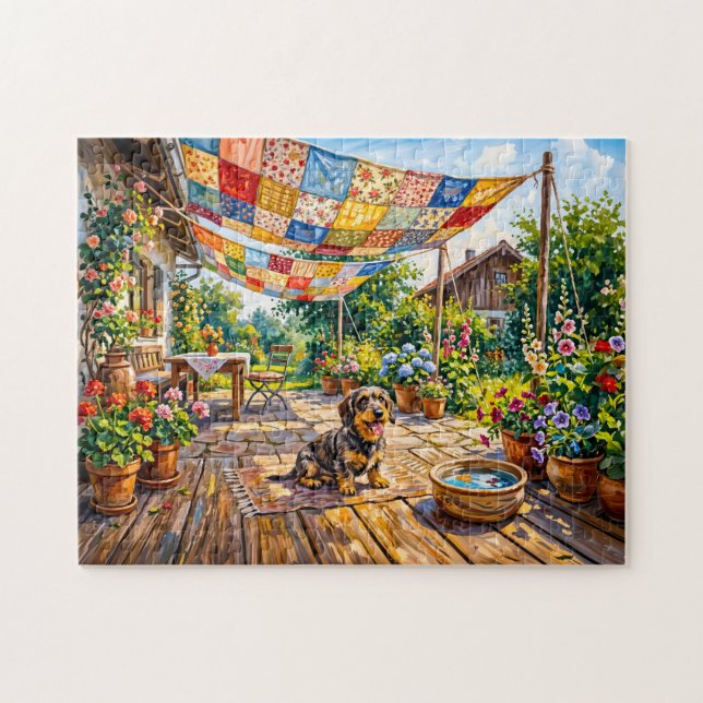 Dachshund Sitting Under Colourful Patchwork Garden Jigsaw Puzzle (Horizontal)