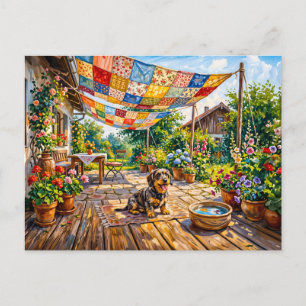 Dachshund Sitting Under Colourful Patchwork Garden Postcard
