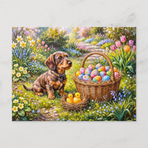 Dachshund Sitting with Easter Basket in Garden Postcard