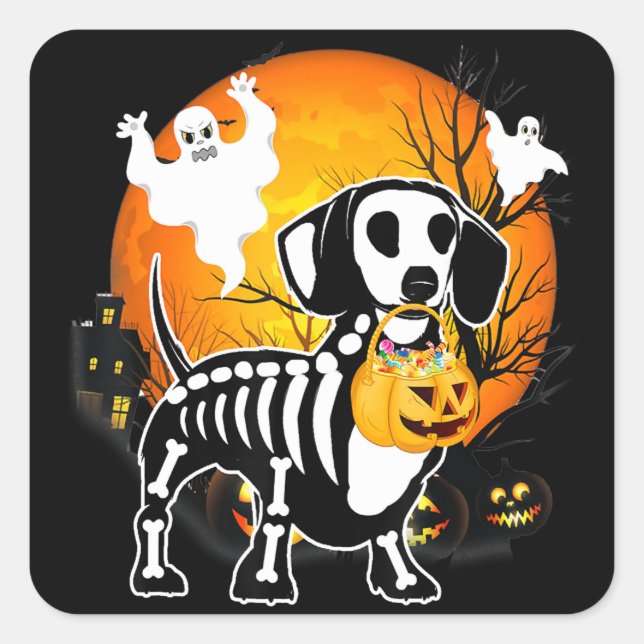 Dachshund Skeleton Halloween Happy Pumpkin Gift Square Sticker (Front)