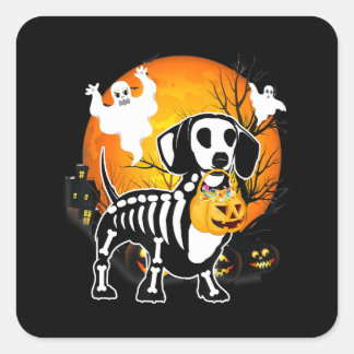 Dachshund Skeleton Halloween Happy Pumpkin Gift Square Sticker