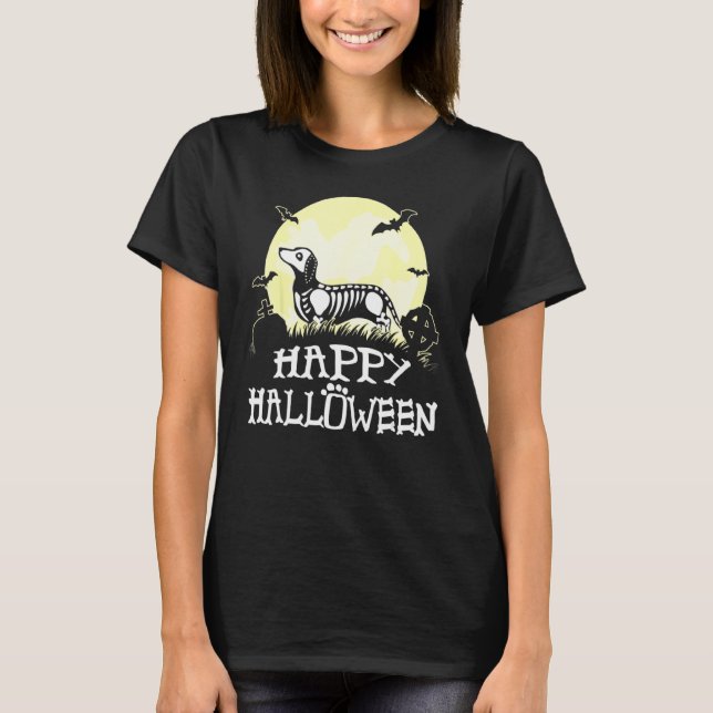 Dachshund Skeleton Halloween Happy Pumpkin T-Shirt (Front)