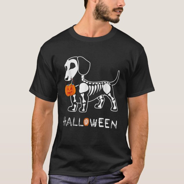 Dachshund skeleton halloween pumpkin dachshund T-Shirt (Front)