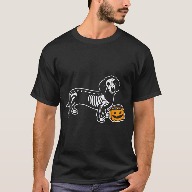 Dachshund Skeleton Jack O Lantern Funny Halloween T-Shirt (Front)