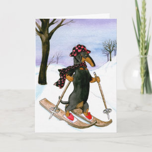 Dachshund Skiing Christmas Card