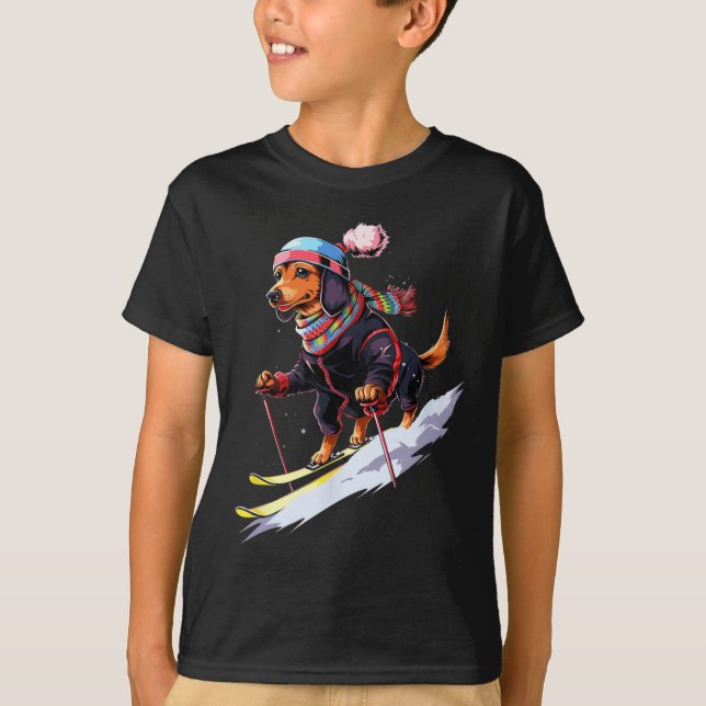 Dachshund Skiing Dog Skier Ski Winter Snow Men Wom T-Shirt (Front)