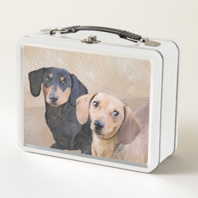 Dachshund (Smooth) Painting - Original Dog Art Metal Lunch Box (Front)