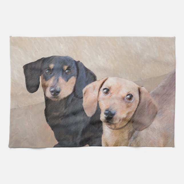 Dachshund (Smooth) Painting - Original Dog Art Tea Towel (Horizontal)