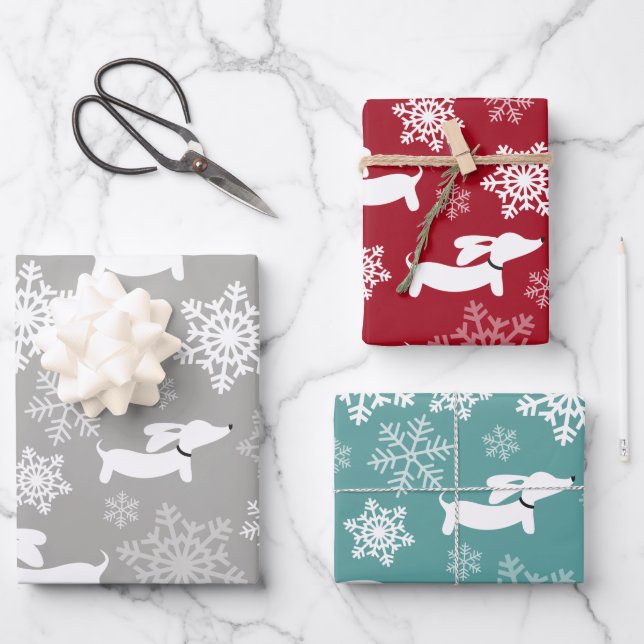 Dachshund Snowflakes Christmas Silver Red & Teal Wrapping Paper Sheet (Front)