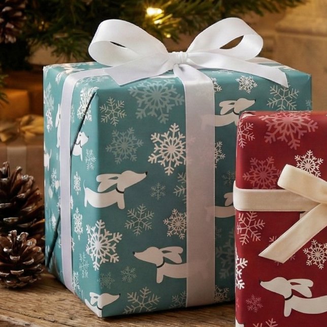 Dachshund Snowflakes Teal Christmas Gift Wrap (Teal sausage dog and snowflakes wrapping paper)