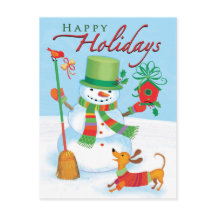 Dachshund Snowman Happy Holidays Red Bird Postcard
