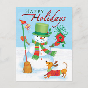 Dachshund Snowman Happy Holidays Red Bird Postcard