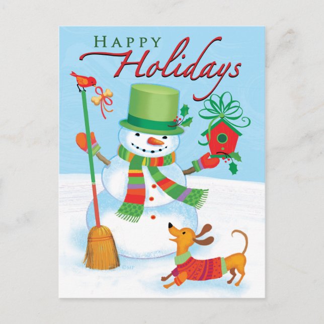 Dachshund Snowman Happy Holidays Red Bird Postcard (Front)