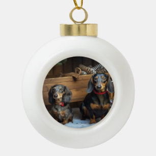 Dachshund Snowy Sleigh Christmas Decor Ceramic Ball Christmas Ornament