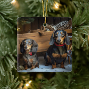 Dachshund Snowy Sleigh Christmas Decor Ceramic Ornament