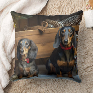 Dachshund Snowy Sleigh Christmas Decor Cushion