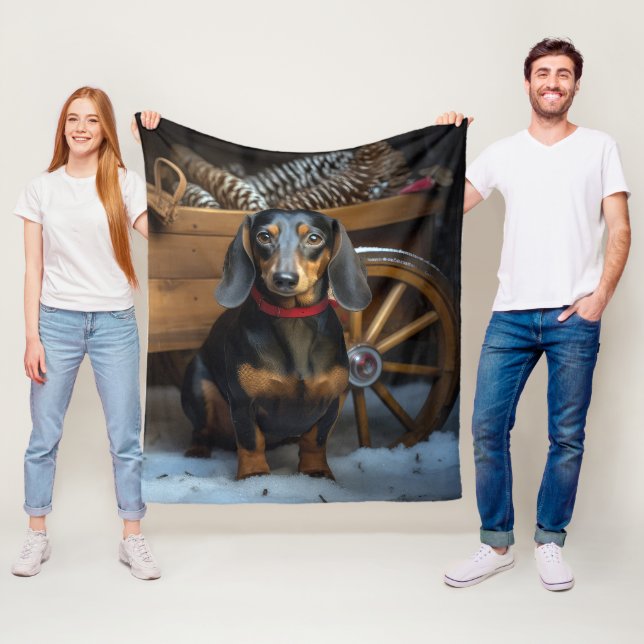 Dachshund Snowy Sleigh Christmas Decor Fleece Blanket (In Situ)