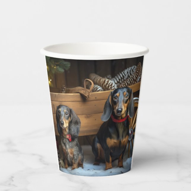 Dachshund Snowy Sleigh Christmas Decor Paper Cups (Front)