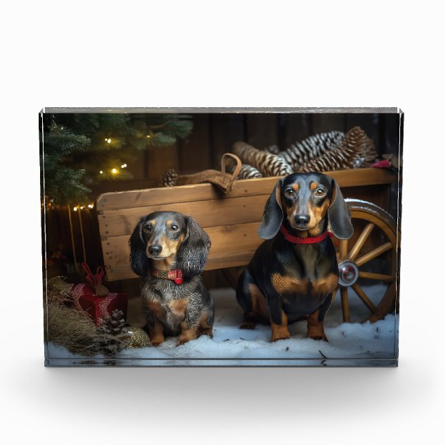 Dachshund Snowy Sleigh Christmas Decor Photo Block (Front)