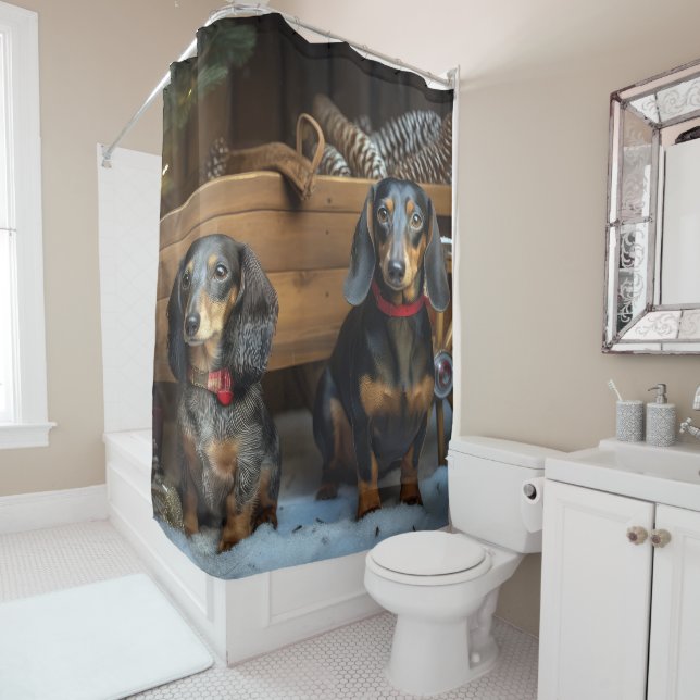 Dachshund Snowy Sleigh Christmas Decor Shower Curtain (In Situ)