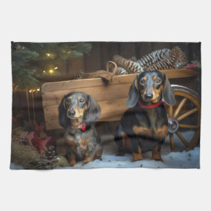Dachshund Snowy Sleigh Christmas Decor Tea Towel