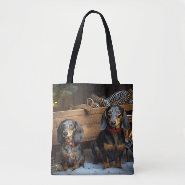 Dachshund Snowy Sleigh Christmas Decor Tote Bag (Front)