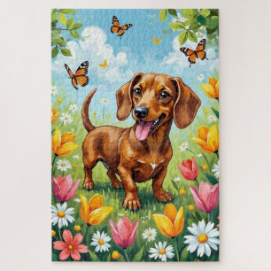 Dachshund Spring Flowers Cute Dog Jigsaw Puzzle