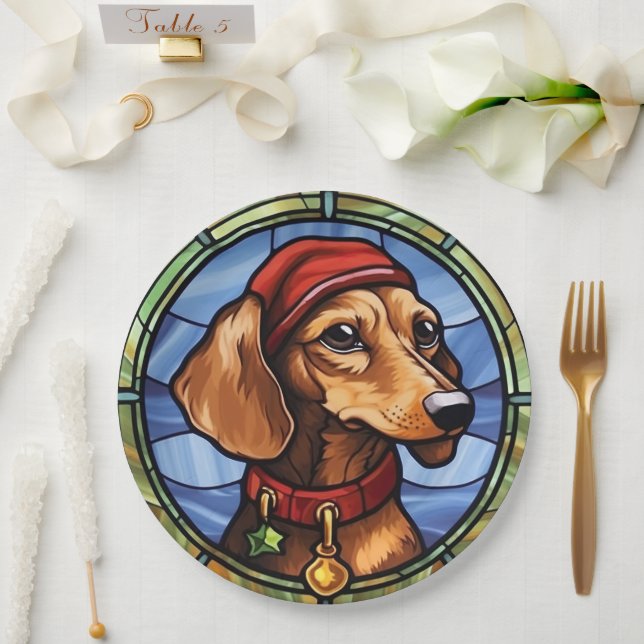 Dachshund Stained Glass Christmas Paper Plate (Wedding)