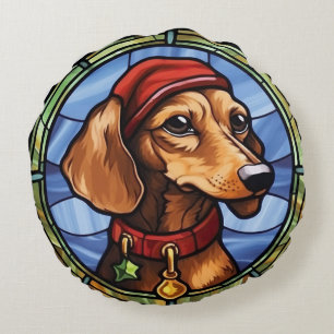 Dachshund Stained Glass Christmas Round Cushion
