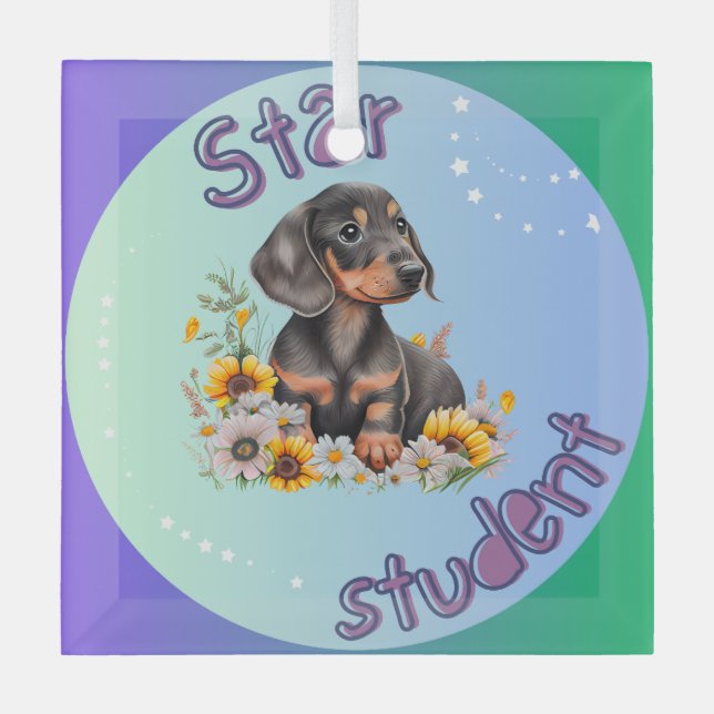 Dachshund Star Student Glass Tree Decoration (Front)