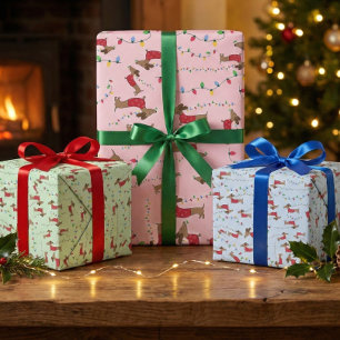 Dachshund Stealing Christmas Tree Lights Naughty Wrapping Paper Sheet