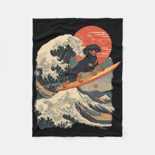 Dachshund Surfing Japanese Great Wave _1 Fleece Blanket