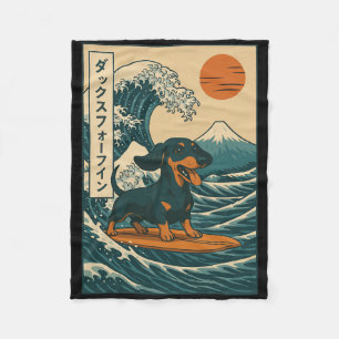 Dachshund Surfing Japanese Great Wave _3 Fleece Blanket