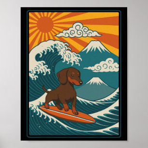 Dachshund Surfing Japanese Wave Weiner Dog Poster