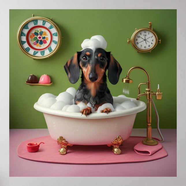 Dachshund Taking Bubble Bath in Tiny Tub Whimsical Poster (Front)