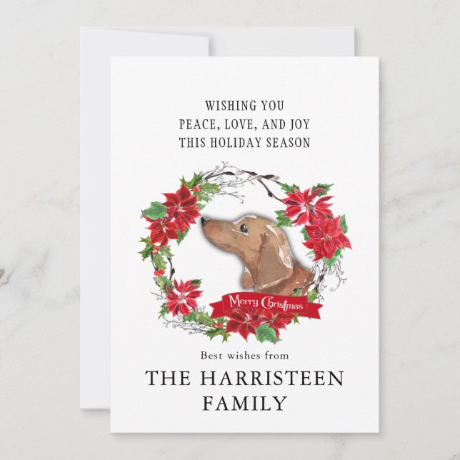 Dachshund tan Watercolor Poinsettia Christmas  Holiday Card (Front)
