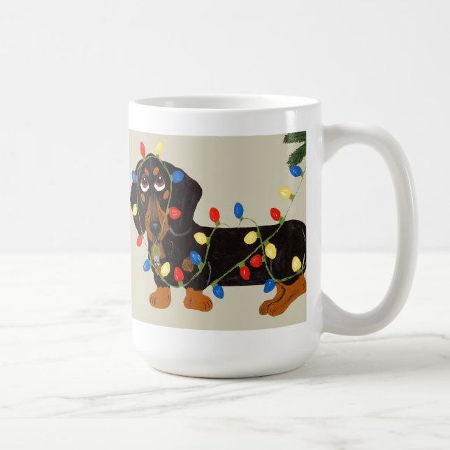 Dachshund Tangled In Christmas Lights Blk/Tan Coffee Mug (Right)