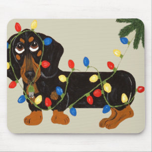 Dachshund Tangled In Christmas Lights Blk/Tan Mouse Mat