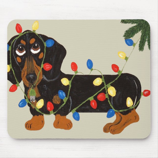 Dachshund Tangled In Christmas Lights Blk/Tan Mouse Mat (Front)