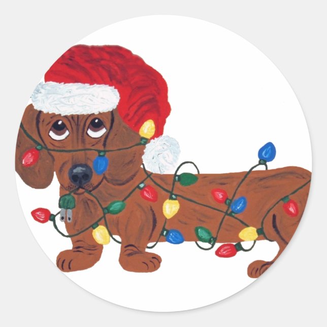 Dachshund Tangled In Christmas Lights (Red) Classic Round Sticker (Front)