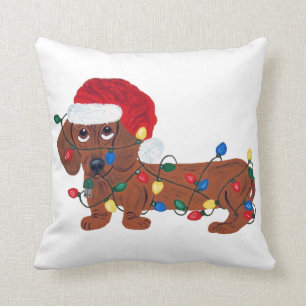 Dachshund Tangled In Christmas Lights (Red) Cushion